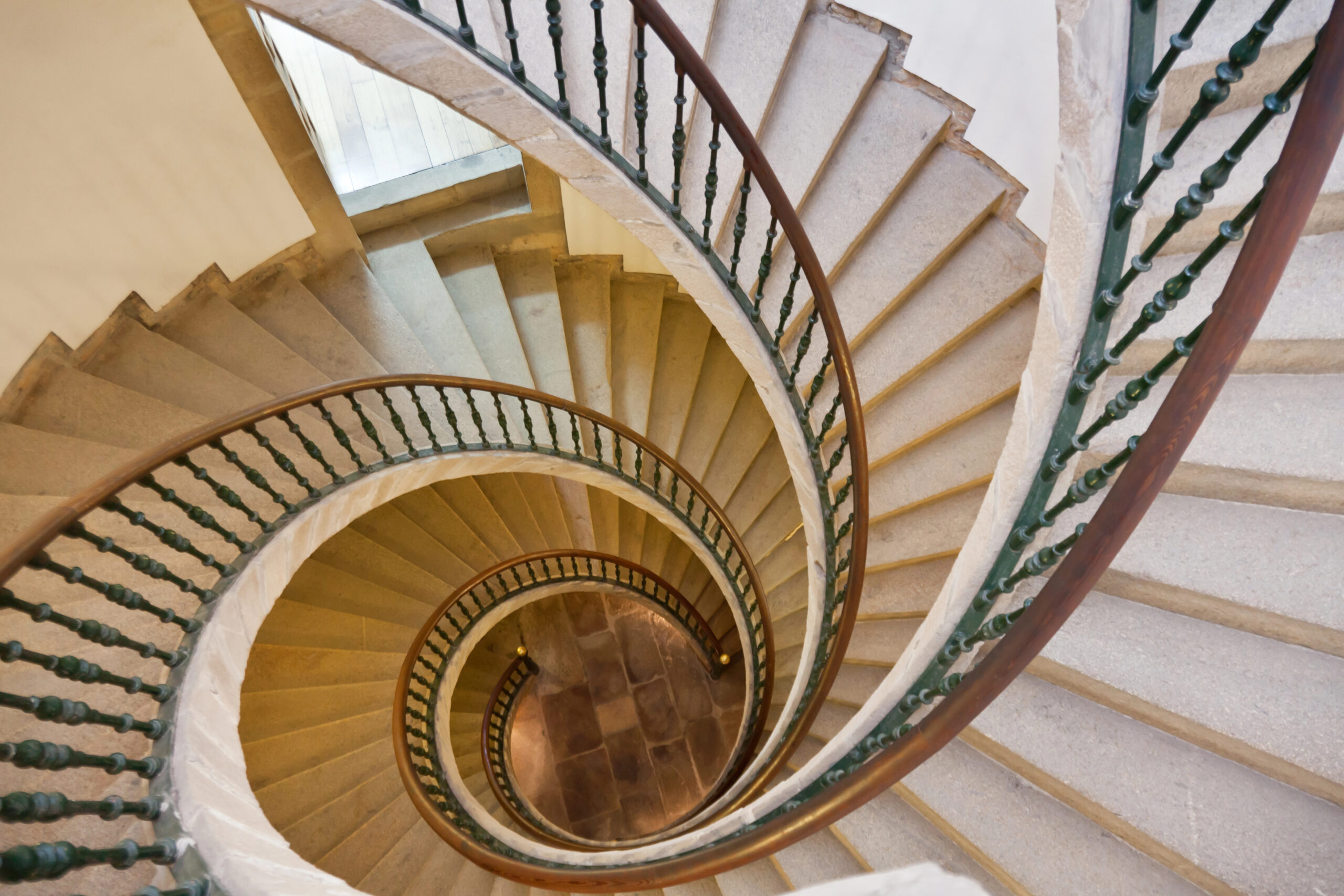 stone spiral staircase view from above