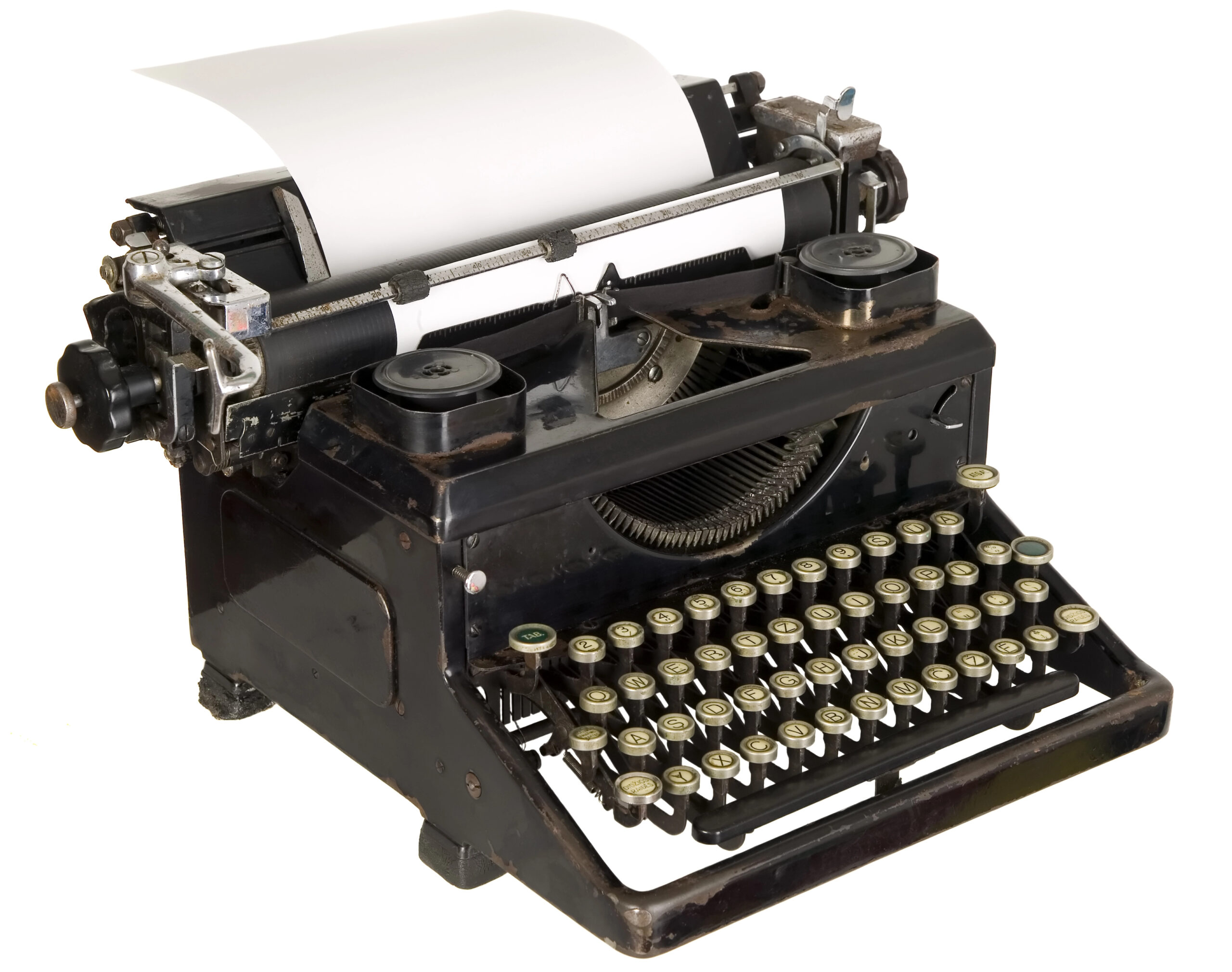 vintage black typewriter with blank paper in it on a white background